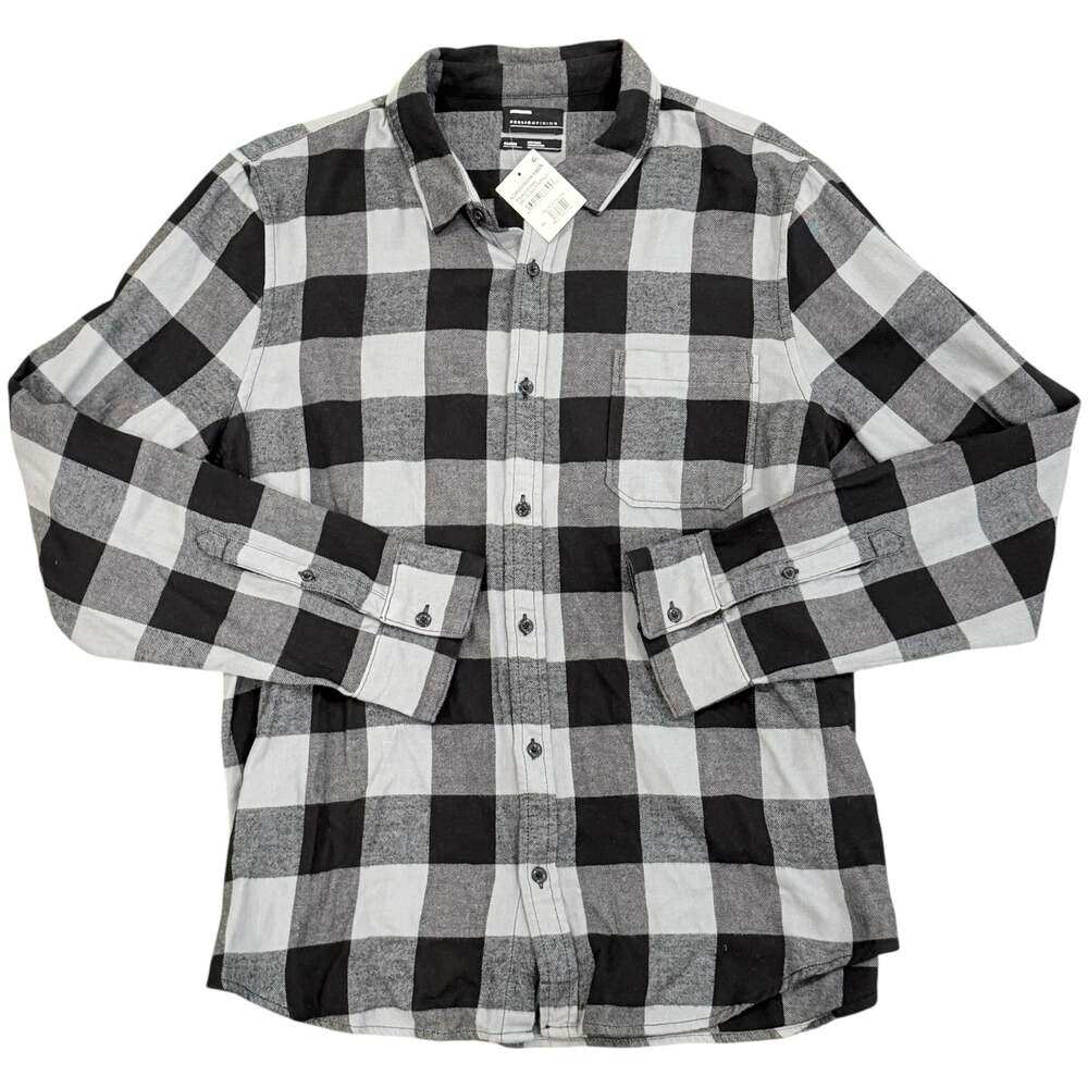 Public Opinion Men's Gray Oil Black Buffalo Plaid Long Sleeve Flannel Shirt XL